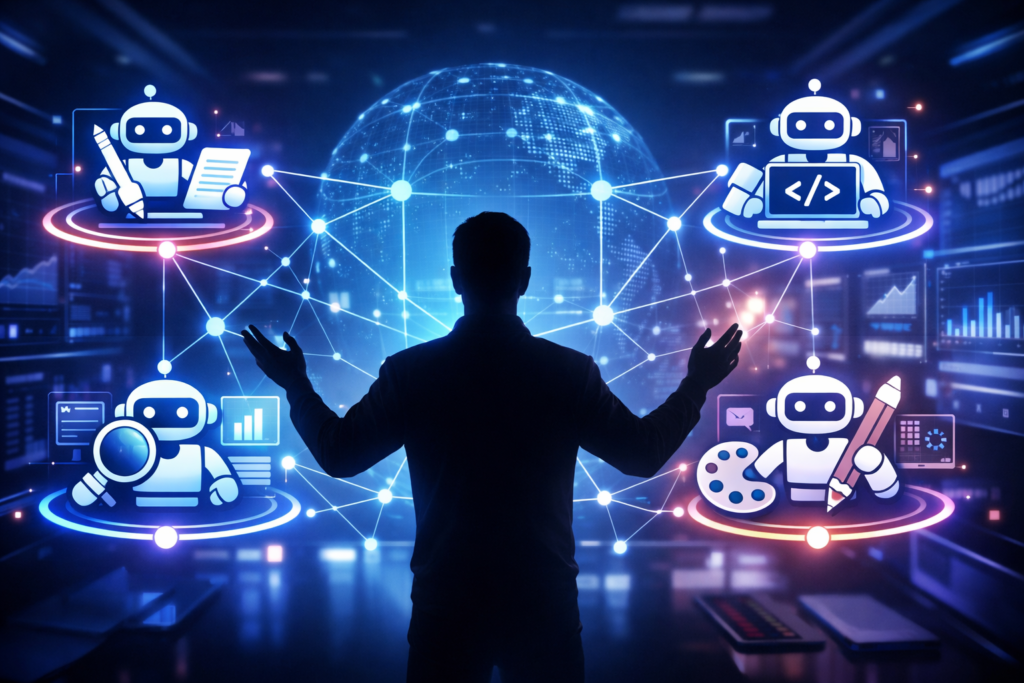 Infográfico sobre Sistemas Multiagentes e IA Autônoma em 2026.
