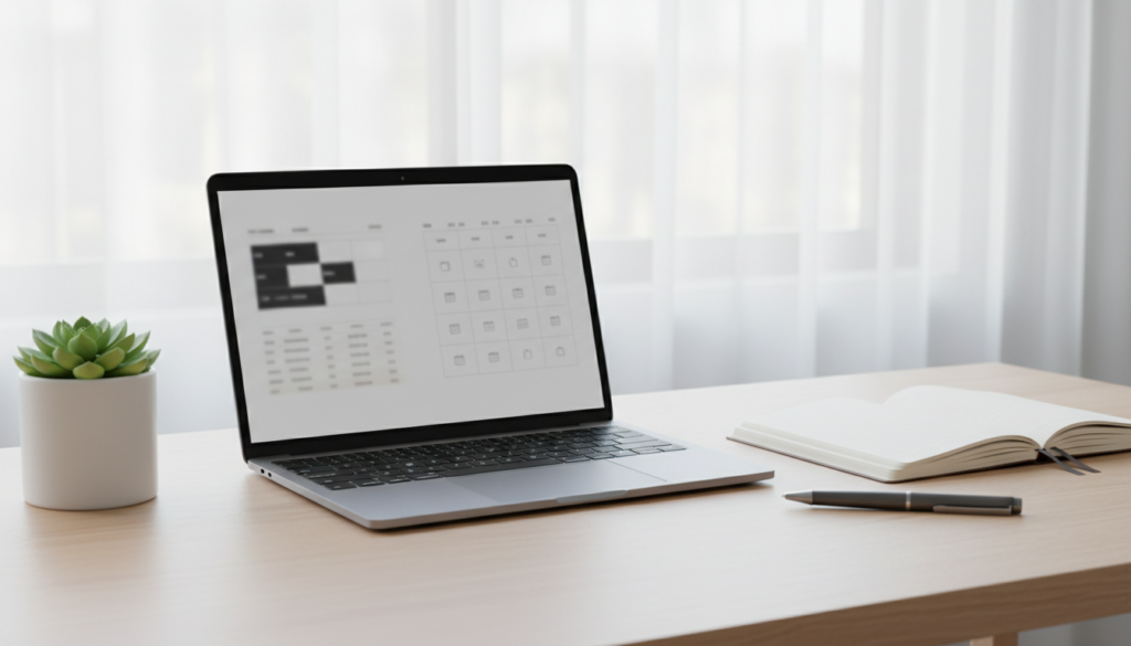 Pessoa organizada usando notebook com elementos digitais de IA representando finanças e tempo. Organização com IA.