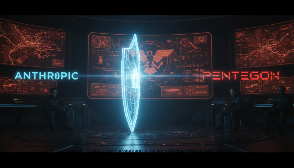Ilustração dramática representando o conflito entre a Anthropic e Pentágono, com o logotipo da Anthropic brilhando em azul contra um fundo escuro de um centro de comando militar, simbolizando a resistência ética.