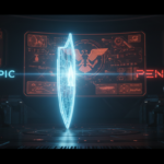 Ilustração dramática representando o conflito entre a Anthropic e Pentágono, com o logotipo da Anthropic brilhando em azul contra um fundo escuro de um centro de comando militar, simbolizando a resistência ética.