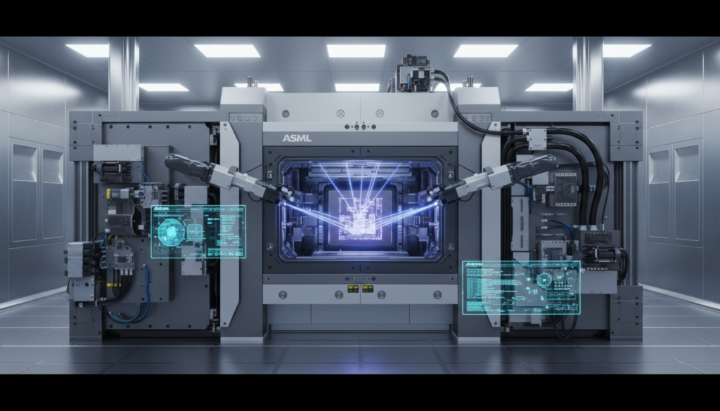 Uma visão interna de uma máquina de litografia High-NA EUV da ASML, com feixes de luz ultravioleta extrema esculpindo um wafer de silício para criar chips de IA de 2nm, em um ambiente de sala limpa futurista. ASML e Chips de IA