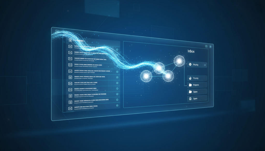 Profissional relaxado em um escritório moderno com um holograma de relógio indicando tempo recuperado graças à automação por IA. automatizar e-mail com IA