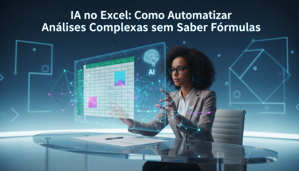 Imagem de capa profissional representando a IA no Excel, com um analista de dados interagindo com uma planilha futurista e elementos de inteligência artificial flutuando ao redor.