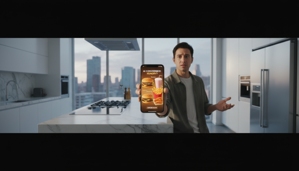 Uma pessoa interagindo com um assistente de voz em um smartphone na cozinha, enquanto a interface de IA exibe opções de fast-food calóricos, simbolizando o perigo das escolhas alimentares impulsivas via IA. IA e Alimentação Saudável