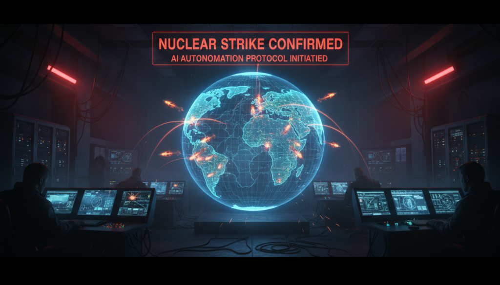 Uma representação dramática de um centro de comando digital onde uma interface de IA exibe um mapa-múndi com ícones de mísseis nucleares e a mensagem "Ataque Nuclear Confirmado", simbolizando o perigo da automação militar. IA e Ataque Nuclear.
