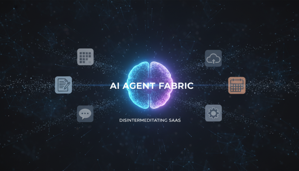 Uma representação visual da IA e Empresas de Software, mostrando ícones de aplicativos de software tradicionais sendo absorvidos por um núcleo central de inteligência artificial brilhante, simbolizando a desintermediação do software.