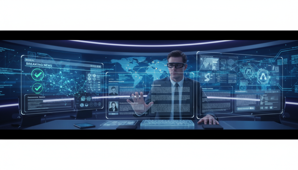 Uma redação de jornalismo moderna onde humanos e interfaces de IA colaboram para verificar fatos e distribuir notícias personalizadas em tempo real.