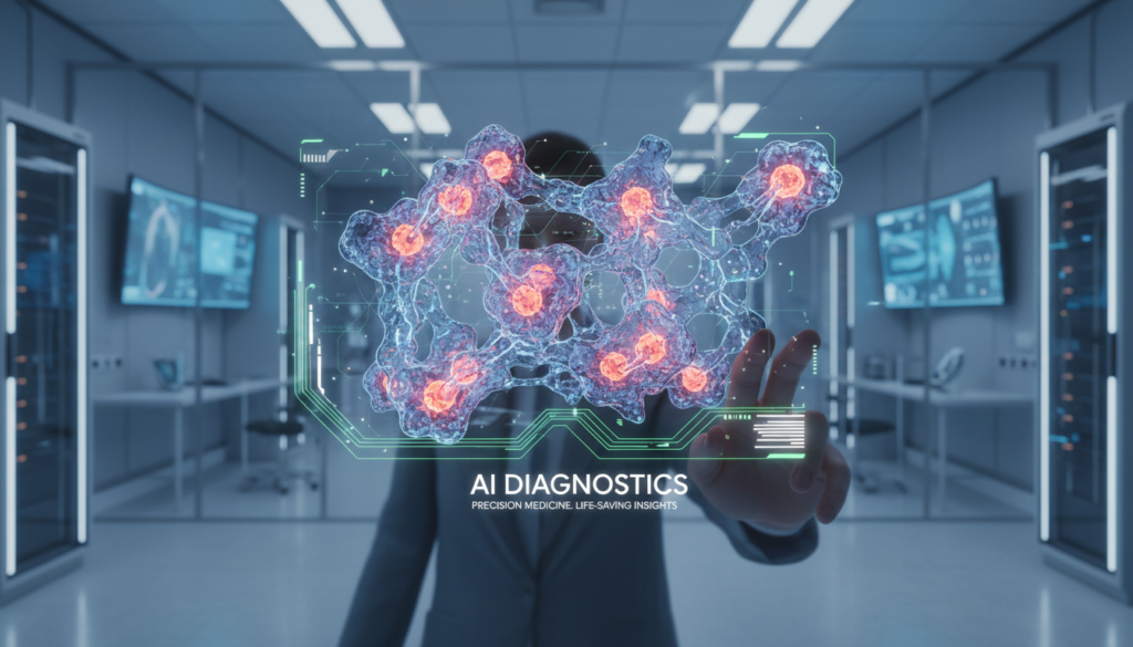 Representação visual da IA na Saúde, mostrando um scan 3D de células humanas com destaques coloridos feitos por inteligência artificial para identificar anomalias.