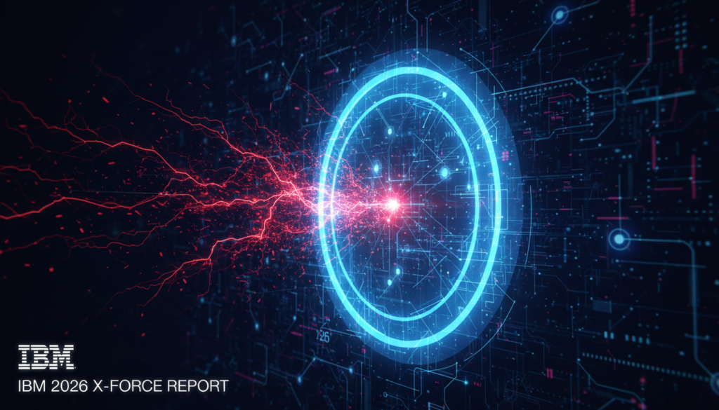 Imagem de um escudo digital azul brilhante sendo atacado por fragmentos de código vermelho em forma de raios, simbolizando a defesa contra ataques cibernéticos descritos no IBM 2026 X-Force.
