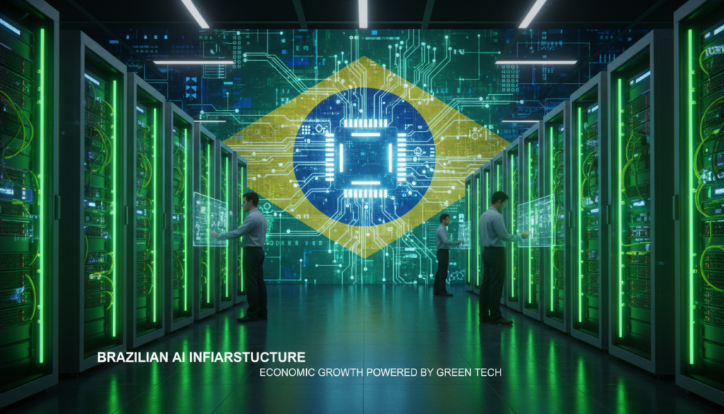 Imagem de um moderno Data Center brasileiro iluminado com luzes verdes, simbolizando a energia limpa, com a bandeira do Brasil estilizada em circuitos digitais ao fundo, representando a IA: Câmara aprova incentivos.