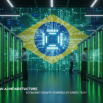 Imagem de um moderno Data Center brasileiro iluminado com luzes verdes, simbolizando a energia limpa, com a bandeira do Brasil estilizada em circuitos digitais ao fundo, representando a IA: Câmara aprova incentivos.