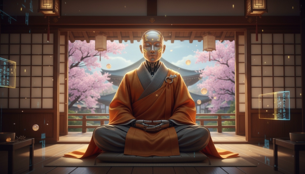 Imagem de um monge robótico futurista e sereno, com detalhes em dourado e circuitos visíveis, meditando em um templo japonês tradicional, representando o Japão e IA.