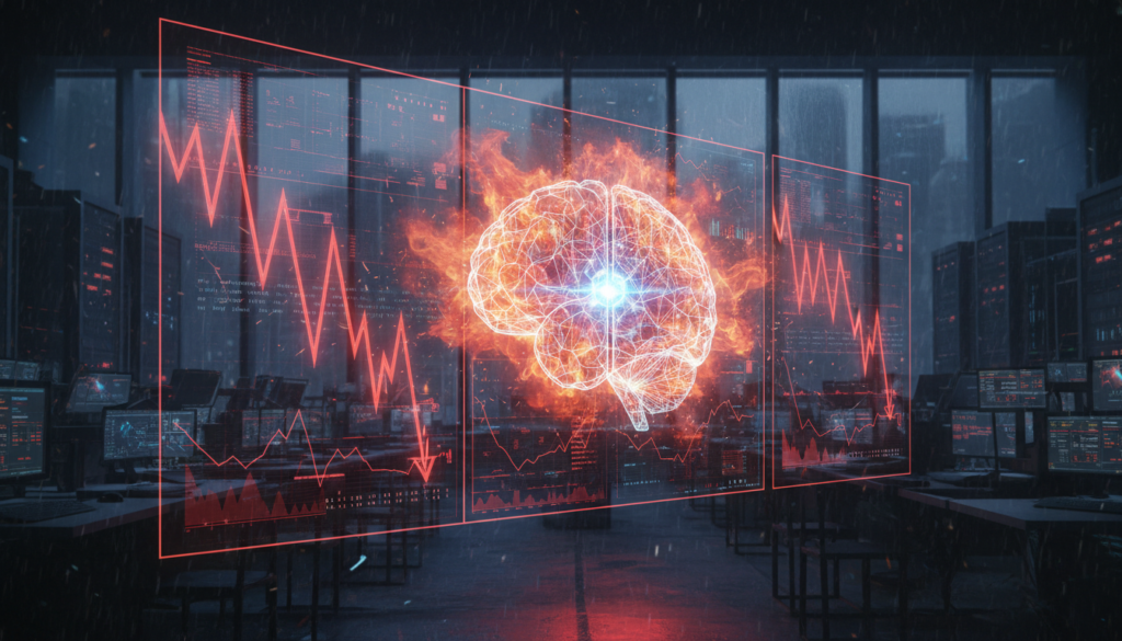 Ilustração dramática de um painel de bolsa de valores com gráficos em queda livre e o símbolo de um cérebro digital em chamas, representando o pânico dos investidores com a IA.
