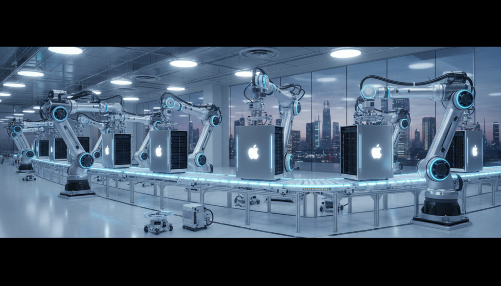 Imagem de uma linha de montagem futurista e limpa, com braços robóticos montando servidores prateados com o logotipo da Apple, em um ambiente que mistura tecnologia de ponta e design industrial moderno.