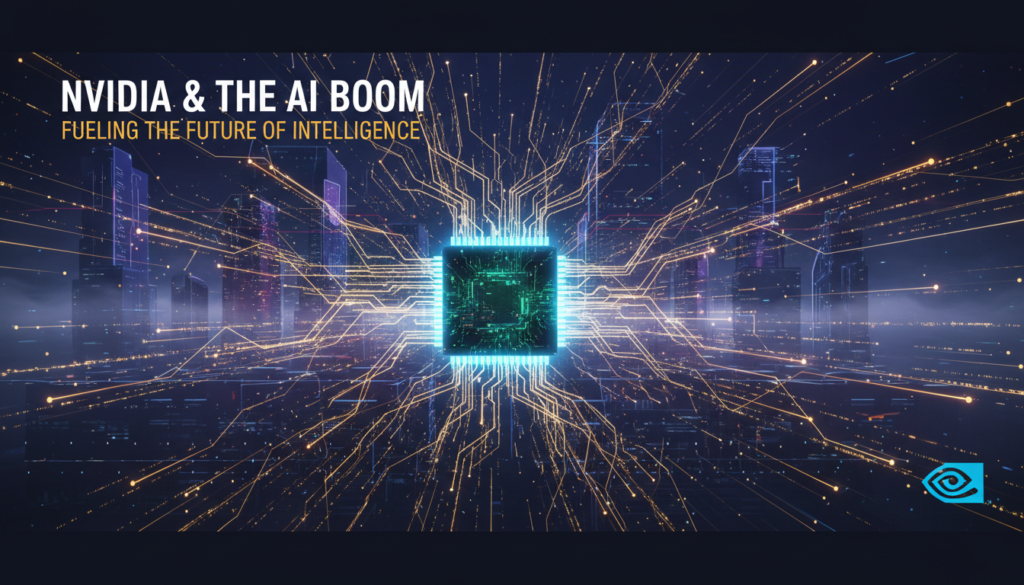 O CEO da NVIDIA, Jensen Huang, em um palco futurista apresentando a nova geração de GPUs e a visão da empresa para a década da inteligência artificial.