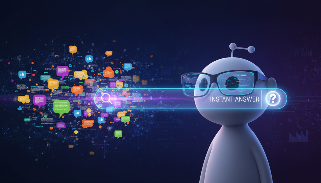 Ilustração futurista do logotipo do Reddit transformado em um motor de busca inteligente, com fluxos de dados conectando pessoas e respostas geradas por IA.