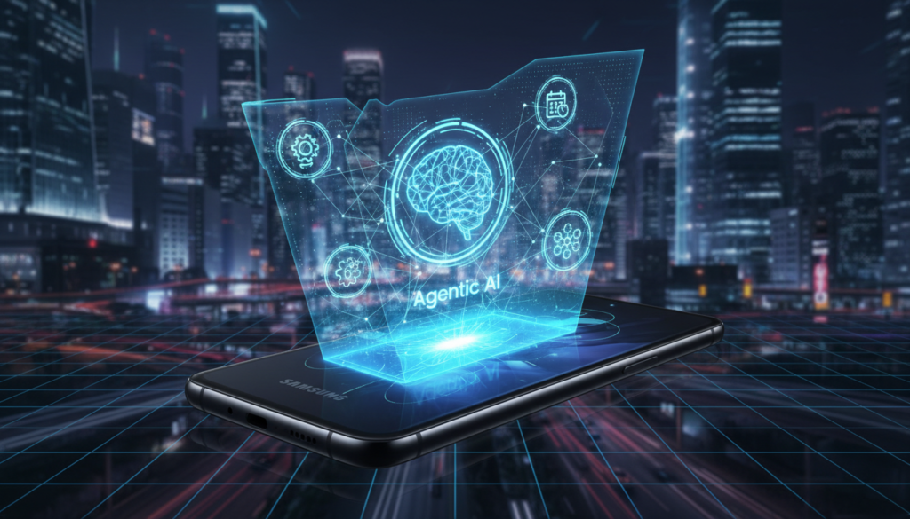 O novo smartphone Samsung Galaxy S26 Ultra em destaque, mostrando uma interface de IA agêntica com ícones de automação e um brilho tecnológico futurista.