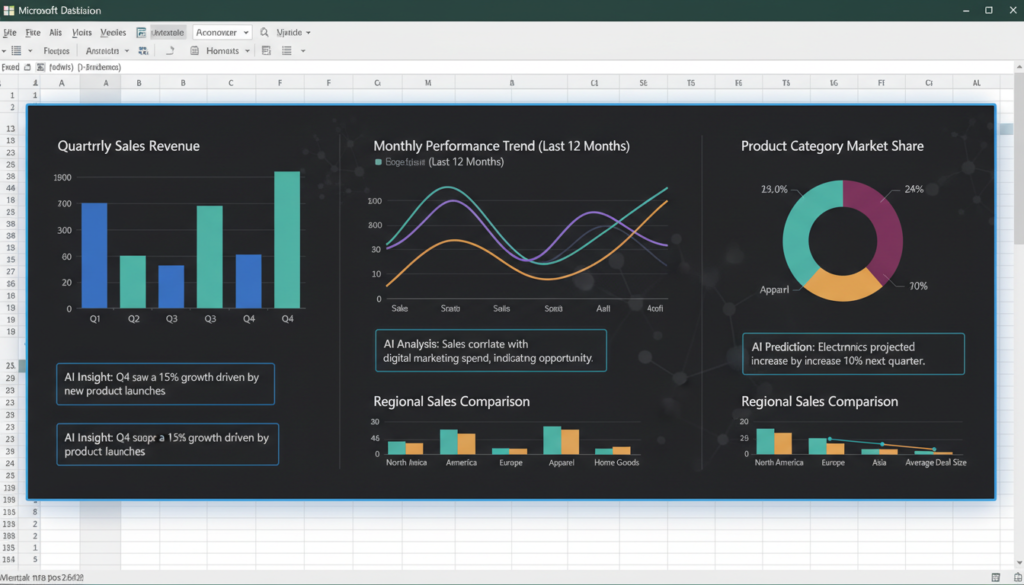 Dashboard inteligente gerado por IA no Excel, mostrando gráficos e indicadores de performance de vendas, com setas indicando insights automáticos.
