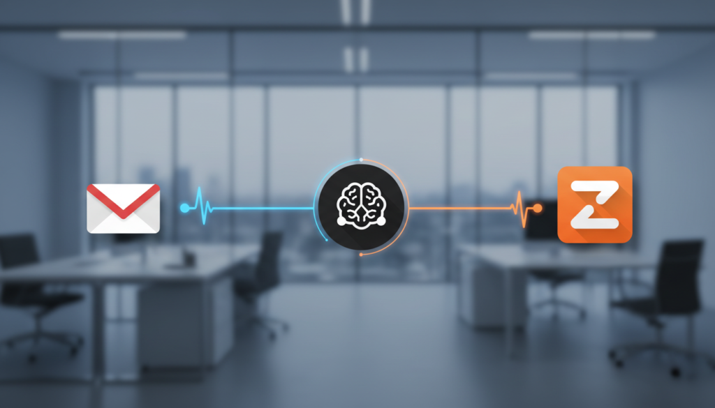 Diagrama moderno mostrando a integração entre Gmail, ChatGPT e Zapier para automação de fluxos de trabalho. automatizar e-mail com IA