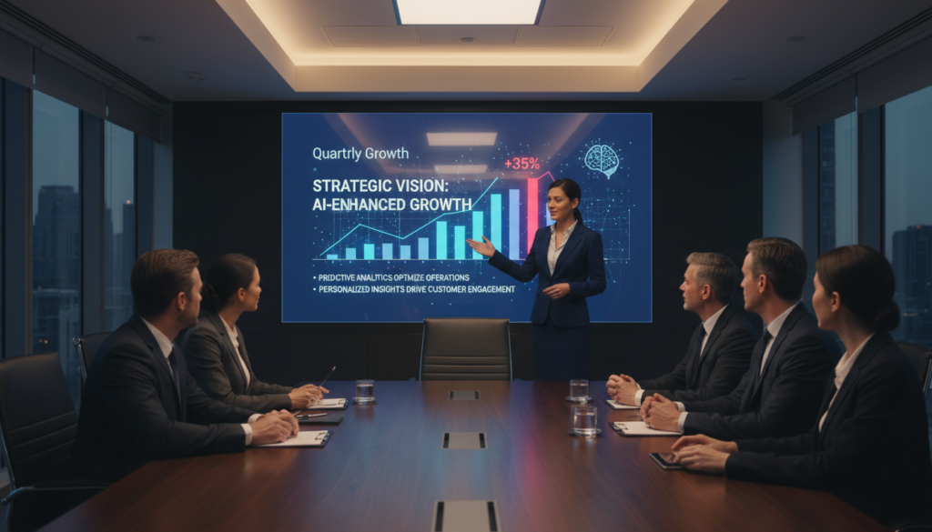 Visualização de storytelling de dados com IA, apresentando um gráfico de barras e um texto explicativo gerado por inteligência artificial para uma apresentação executiva.