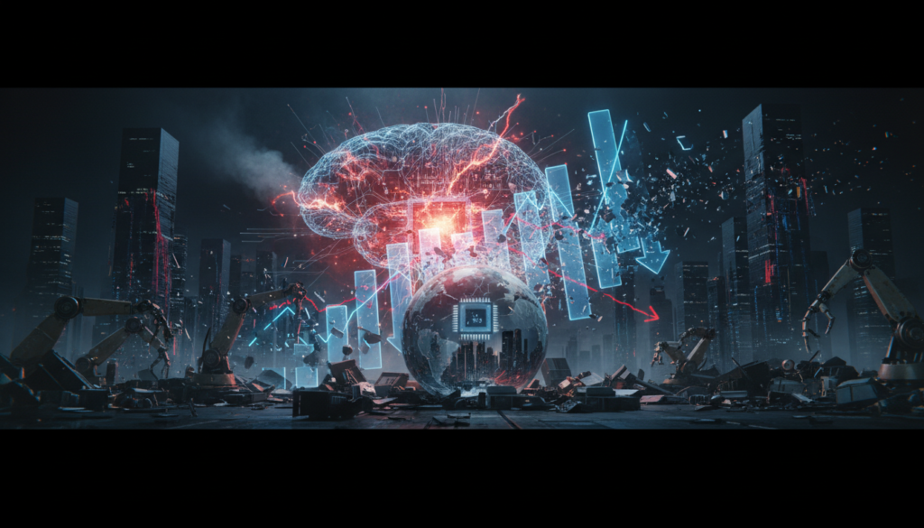 Ilustração dramática representando a Crise de Custos de IA em 2026 com gráficos financeiros em queda e símbolos de inteligência artificial.