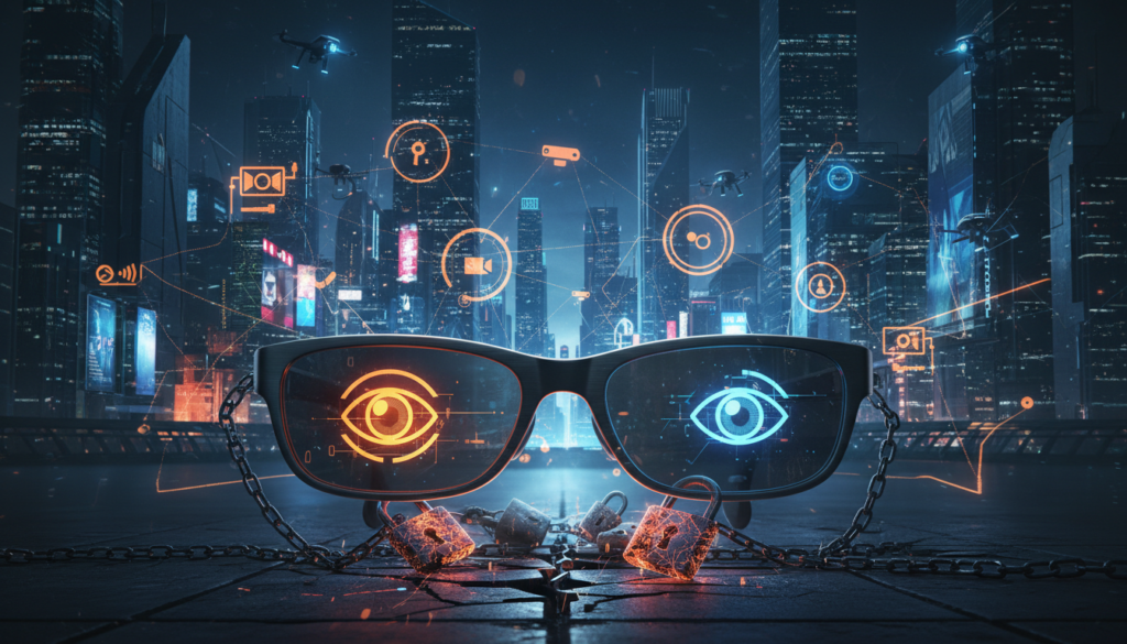 Ilustração de dispositivos IA vigilância privacidade, mostrando óculos inteligentes com ícone de olho digital, cadeados quebrados e símbolos de monitoramento em ambiente urbano futurista.