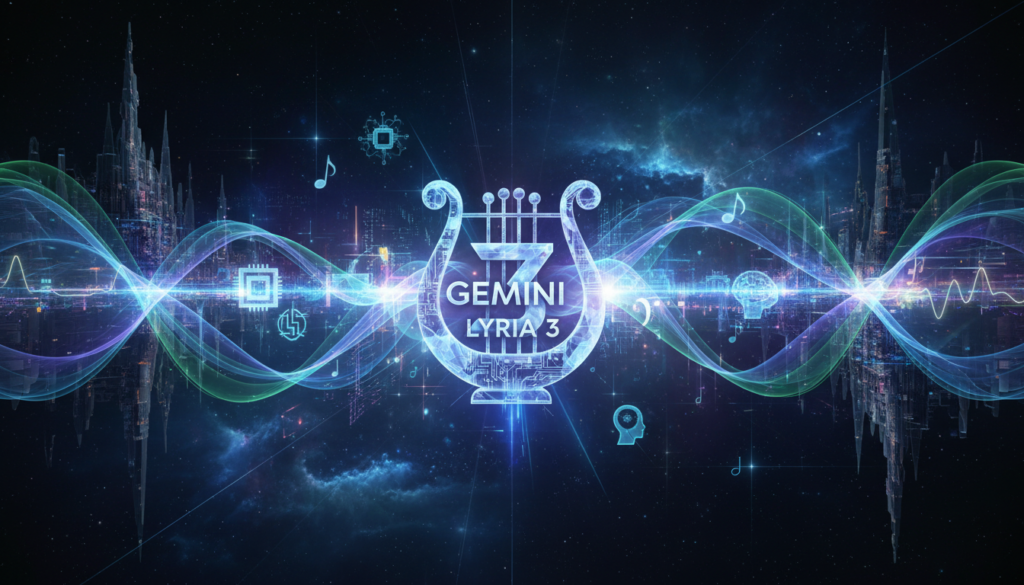 Ilustração futurista representando a criação de música com inteligência artificial através do Gemini Lyria 3, com notas musicais e ondas sonoras digitais.