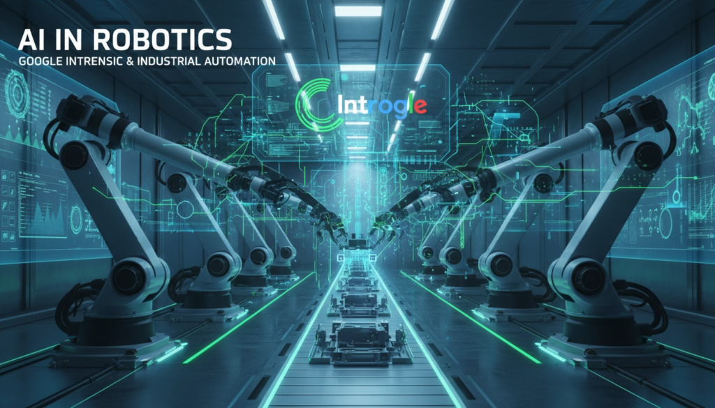 Ilustração futurista da Google Robótica IA Industrial, mostrando braços robóticos em uma linha de montagem inteligente, com o logo da Intrinsic e do Google. Elementos de inteligência artificial, dados e conectividade em um ambiente de manufatura avançada. Cores dominantes em azul, cinza e verde, transmitindo inovação e eficiência.