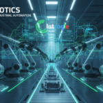 Ilustração futurista da Google Robótica IA Industrial, mostrando braços robóticos em uma linha de montagem inteligente, com o logo da Intrinsic e do Google. Elementos de inteligência artificial, dados e conectividade em um ambiente de manufatura avançada. Cores dominantes em azul, cinza e verde, transmitindo inovação e eficiência.