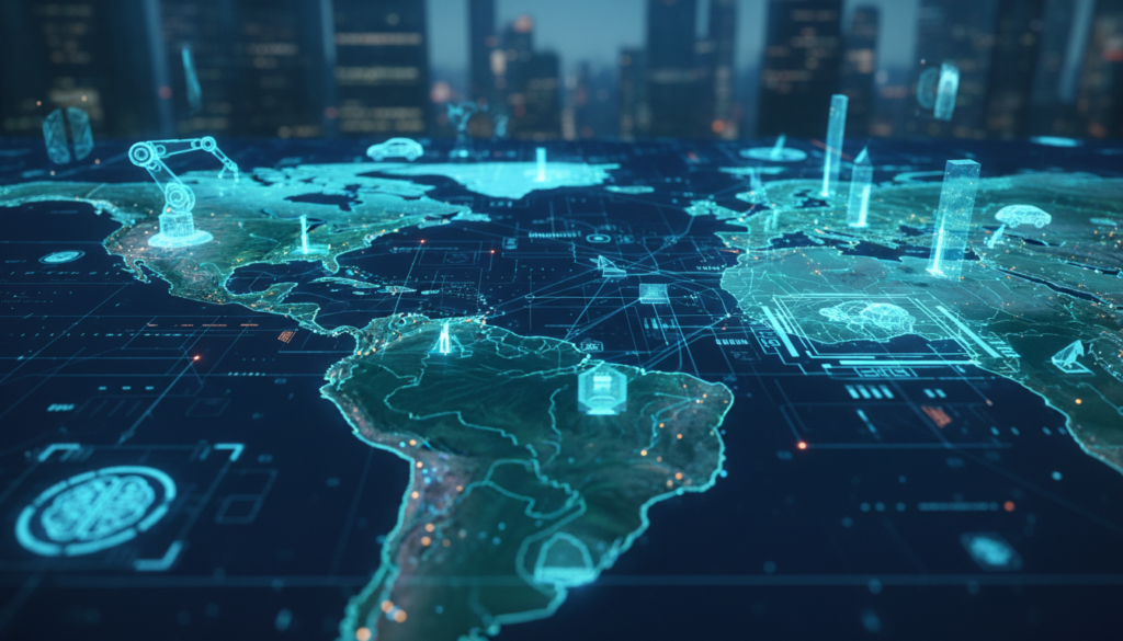 Ilustração futurista representando a IA na América Latina em 2026 com o mapa da região e elementos de tecnologia digital e conectividade.