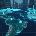 Ilustração futurista representando a IA na América Latina em 2026 com o mapa da região e elementos de tecnologia digital e conectividade.