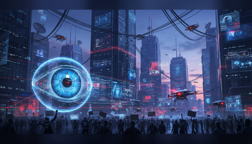 Ilustração dramática representando a vigilância digital e a inteligência artificial monitorando manifestações urbanas em 2026. IA e Repressão de Protestos