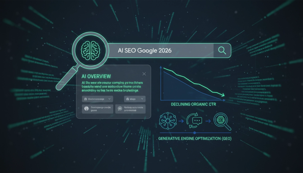Ilustração futurista de IA no SEO e Google em 2026, mostrando um gráfico de busca com elementos de inteligência artificial, resultados zero-click e um robô otimizando conteúdo. Cores vibrantes de azul, verde e roxo, com foco na transformação digital.