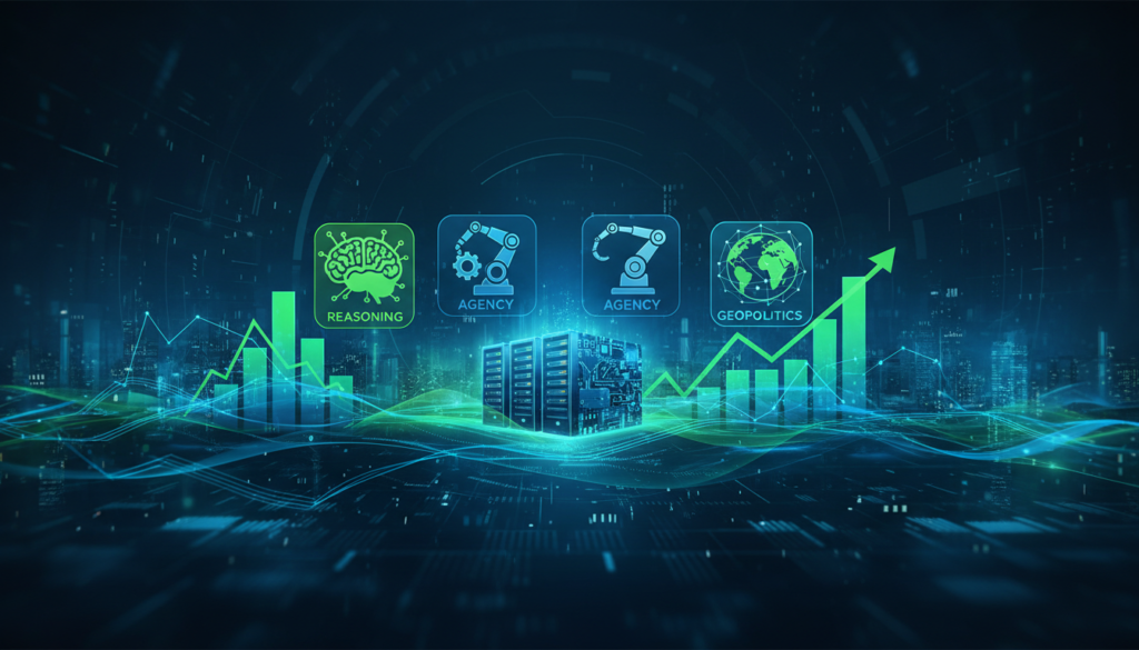 Ilustração de IA inteligência artificial tendências 2026, mostrando ícones de raciocínio, agência, infraestrutura e geopolítica em ambiente futurista com gráficos de crescimento.