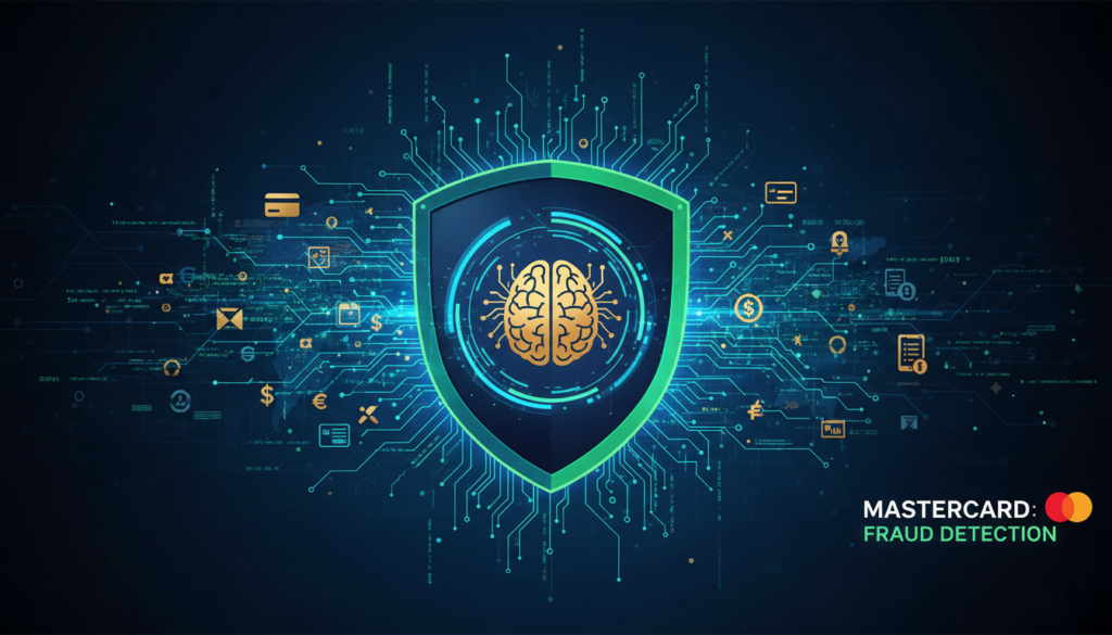 Ilustração futurista da Mastercard IA para detecção de fraude, mostrando um escudo digital com um cérebro de IA no centro, protegendo transações financeiras. Gráficos de dados e símbolos de segurança cibernética ao redor, com o logo da Mastercard AI em destaque. Cores dominantes em azul, verde e dourado, transmitindo segurança e inovação.