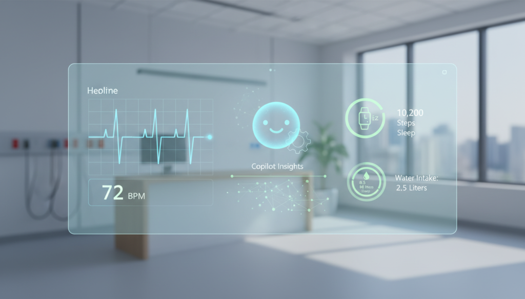 Ilustração de Microsoft Copilot Health prontuário médico, mostrando interface de saúde com batimentos cardíacos, dados de wearables e ícone de IA em ambiente médico futurista.