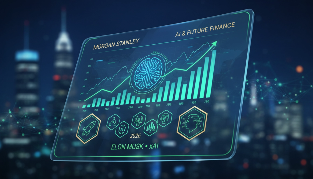 Ilustração futurista representando o relatório do Morgan Stanley sobre o grande salto da IA em 2026, com elementos de inteligência artificial, gráficos financeiros, o logo da xAI e uma silhueta de Elon Musk. Cores dominantes em azul, verde e dourado, simbolizando inovação e impacto econômico.