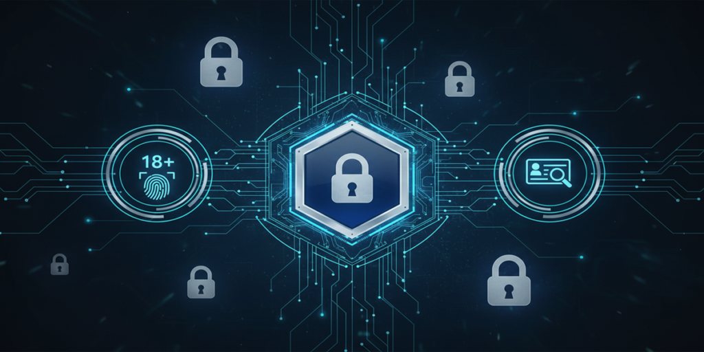 Ilustração conceitual sobre OpenAI conteúdo adulto ChatGPT, mostrando interface digital com cadeados e símbolos de verificação de idade em ambiente futurista.