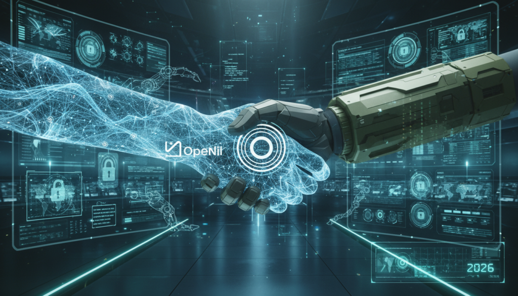 Ilustração conceitual representando a parceria entre OpenAI e Pentágono em 2026, com elementos digitais de segurança e o logo da OpenAI em um ambiente de defesa.