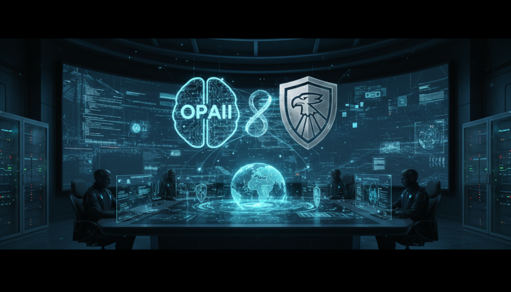 Ilustração futurista representando a parceria entre OpenAI e Pentágono com elementos de inteligência artificial e defesa cibernética.