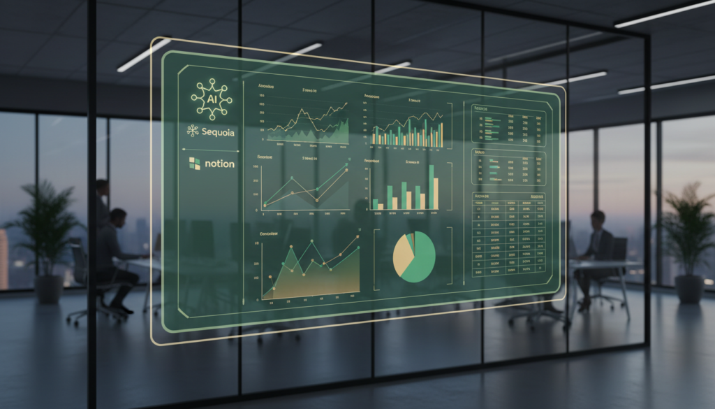 Ilustração de Rowspace IA private equity investimento, mostrando interface de análise financeira com ícone de IA, logotipos da Sequoia e Notion, e gráficos de investimento em ambiente corporativo.