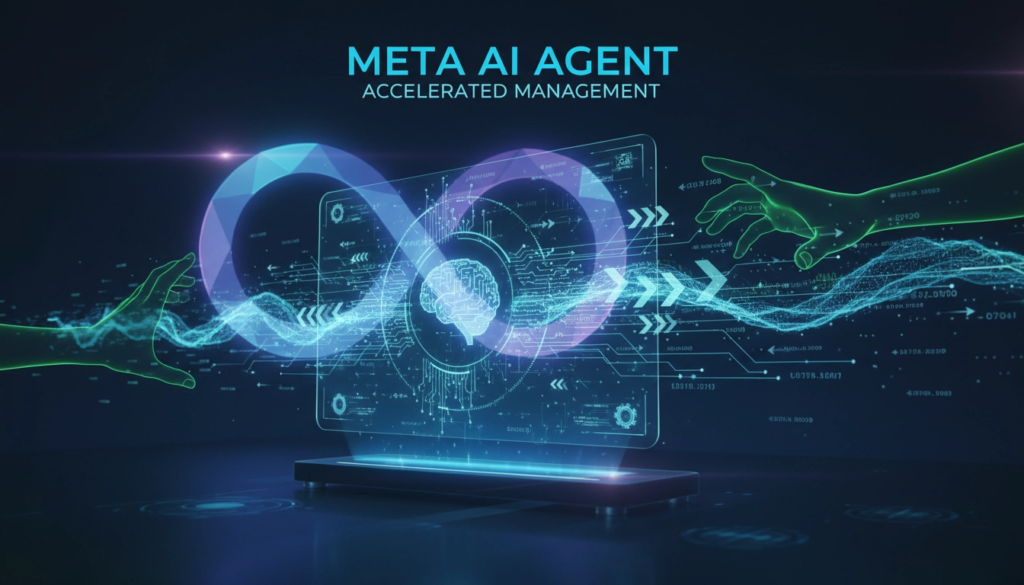 Ilustração do agente de IA pessoal de Mark Zuckerberg na Meta, mostrando um assistente digital futurista sintetizando dados complexos para acelerar decisões de gestão, com o logo da Meta ao fundo e elementos que representam segurança e impacto nos funcionários.