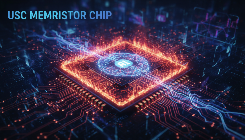 Ilustração de um chip memristor futurista da USC, com elementos de circuitos e calor extremo (chamas ou brilho intenso). O chip está em um ambiente que sugere alta temperatura, com símbolos de inteligência artificial e eficiência. Cores dominantes em vermelho, laranja, dourado e azul, transmitindo inovação, resistência e poder computacional.