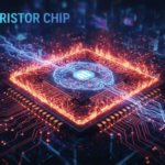 Ilustração de um chip memristor futurista da USC, com elementos de circuitos e calor extremo (chamas ou brilho intenso). O chip está em um ambiente que sugere alta temperatura, com símbolos de inteligência artificial e eficiência. Cores dominantes em vermelho, laranja, dourado e azul, transmitindo inovação, resistência e poder computacional.