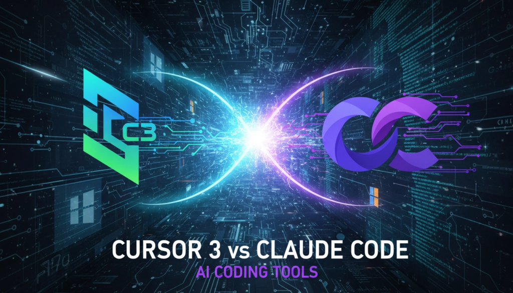 Ilustração futurista representando a guerra das ferramentas de IA para programação, com ícones de Cursor 3 e Claude Code em destaque, cercados por elementos de código, circuitos e interfaces de desenvolvimento. Símbolos da Microsoft e Google ao fundo, com um toque de cores vibrantes como azul, verde e roxo, transmitindo inovação e competição tecnológica.