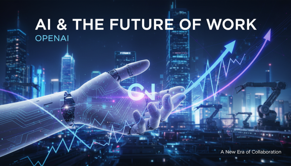 Ilustração futurista representando o impacto da IA nos empregos, com o logo da OpenAI, gráficos de crescimento de IA e símbolos de automação e trabalho. Mãos humanas e robóticas se encontram, simbolizando a transição. Cores dominantes em azul, roxo e branco, transmitindo inovação e transformação social.