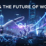 Ilustração futurista representando o impacto da IA nos empregos, com o logo da OpenAI, gráficos de crescimento de IA e símbolos de automação e trabalho. Mãos humanas e robóticas se encontram, simbolizando a transição. Cores dominantes em azul, roxo e branco, transmitindo inovação e transformação social.